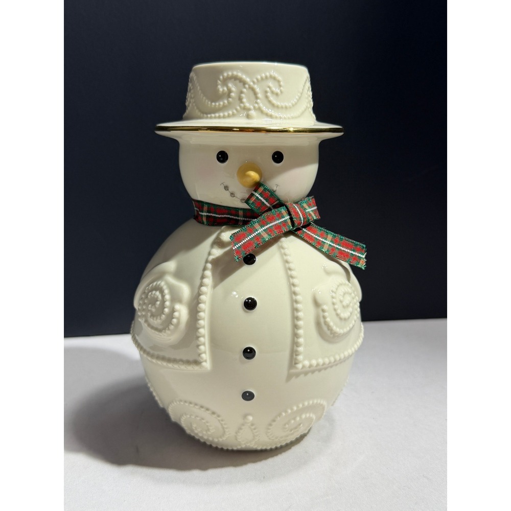 Lenox Christmas Giftables Snowman Vase Ivory Fine China Gold Trim Plaid Scarf